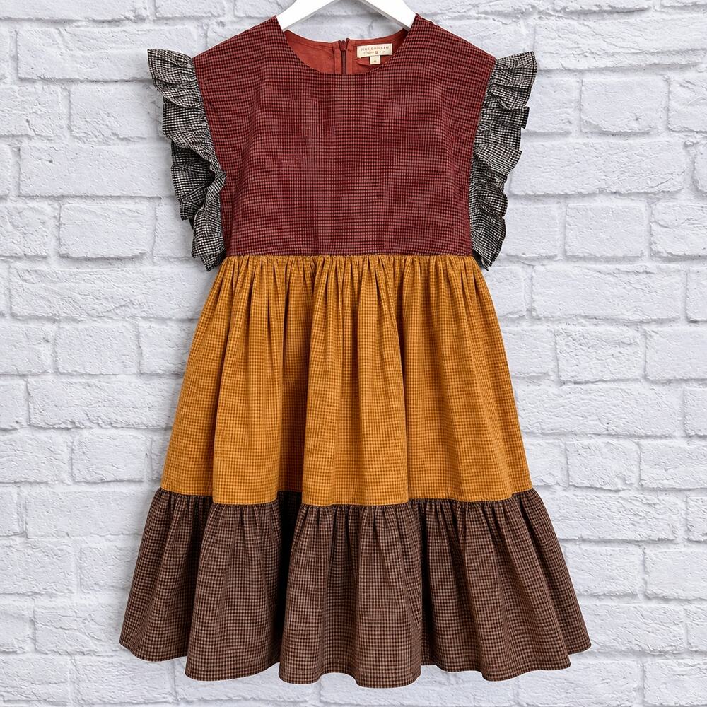 Pink Chicken Girls Gingham Cotton Dress Size 12Y Fall Tiered New Orange Red
